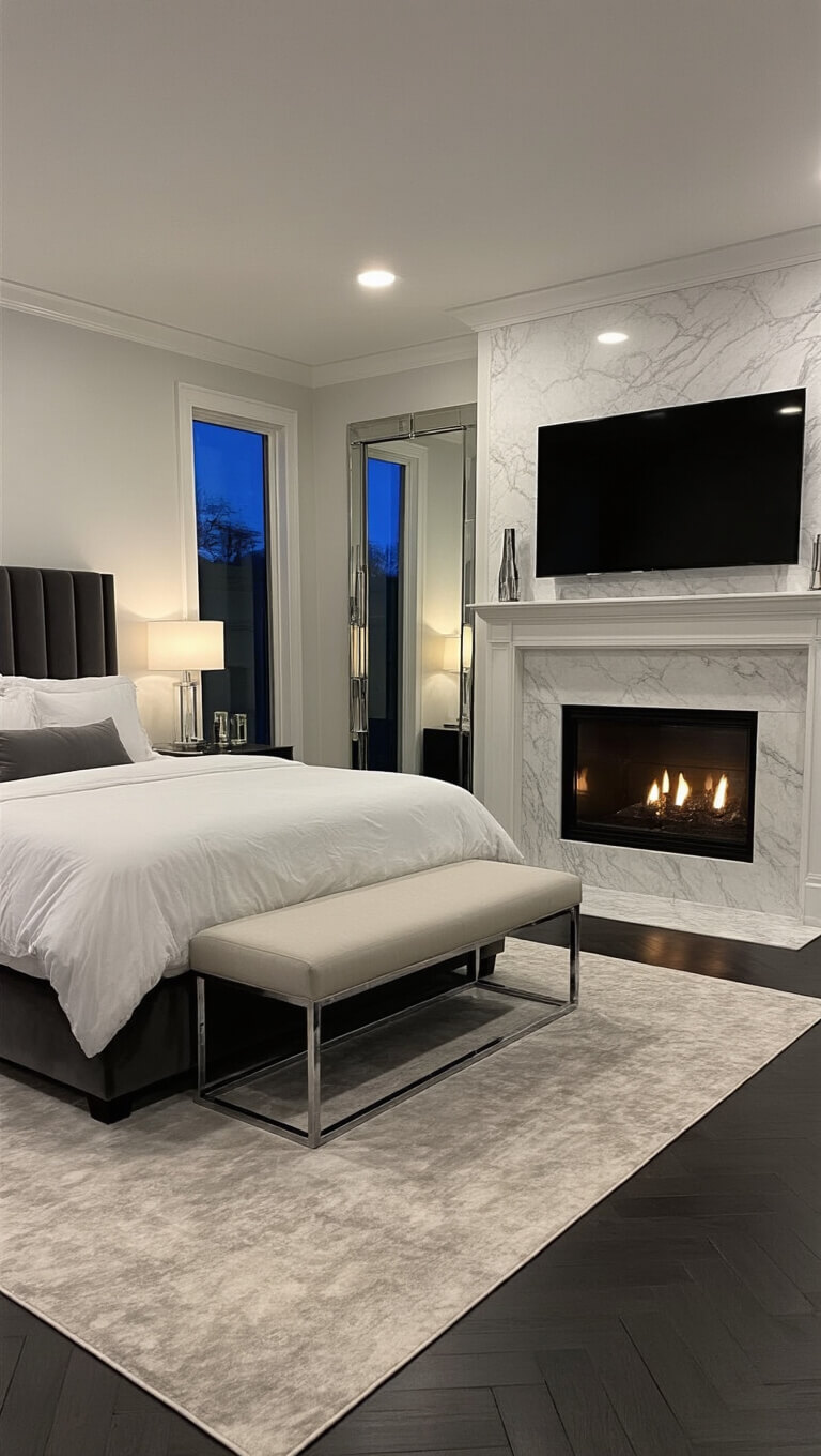 Contemporary twilight bedroom with king bed, marble fireplace, velvet headboard, herringbone floors, and cove lighting reflected in mirror.