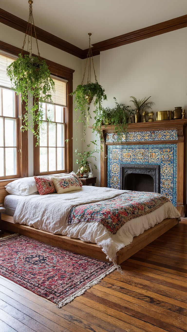 Bohemian bedroom with Victorian fireplace, layered vintage textiles, Persian rugs, hanging plants, and brass decor in afternoon light.