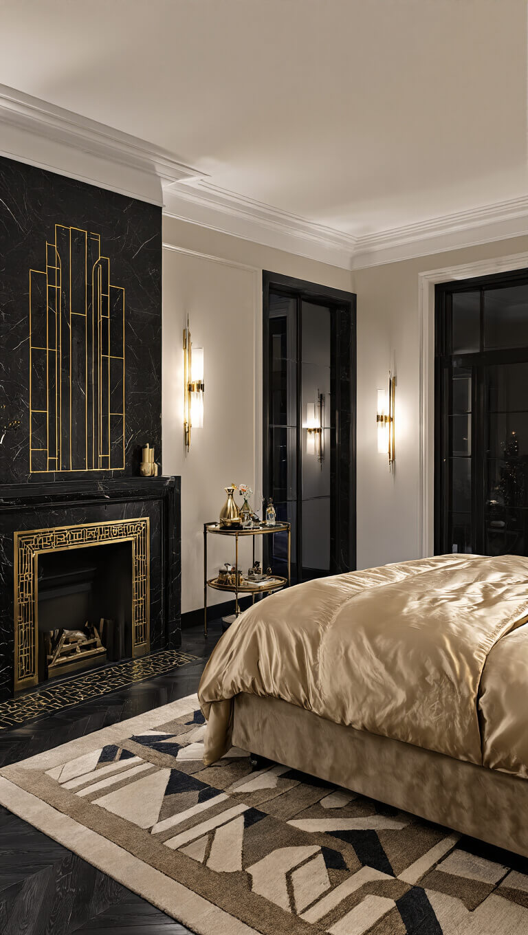 Art Deco bedroom at night with black marble fireplace, champagne silk king bed, mirror bar cart nightstand, and dramatic lighting.