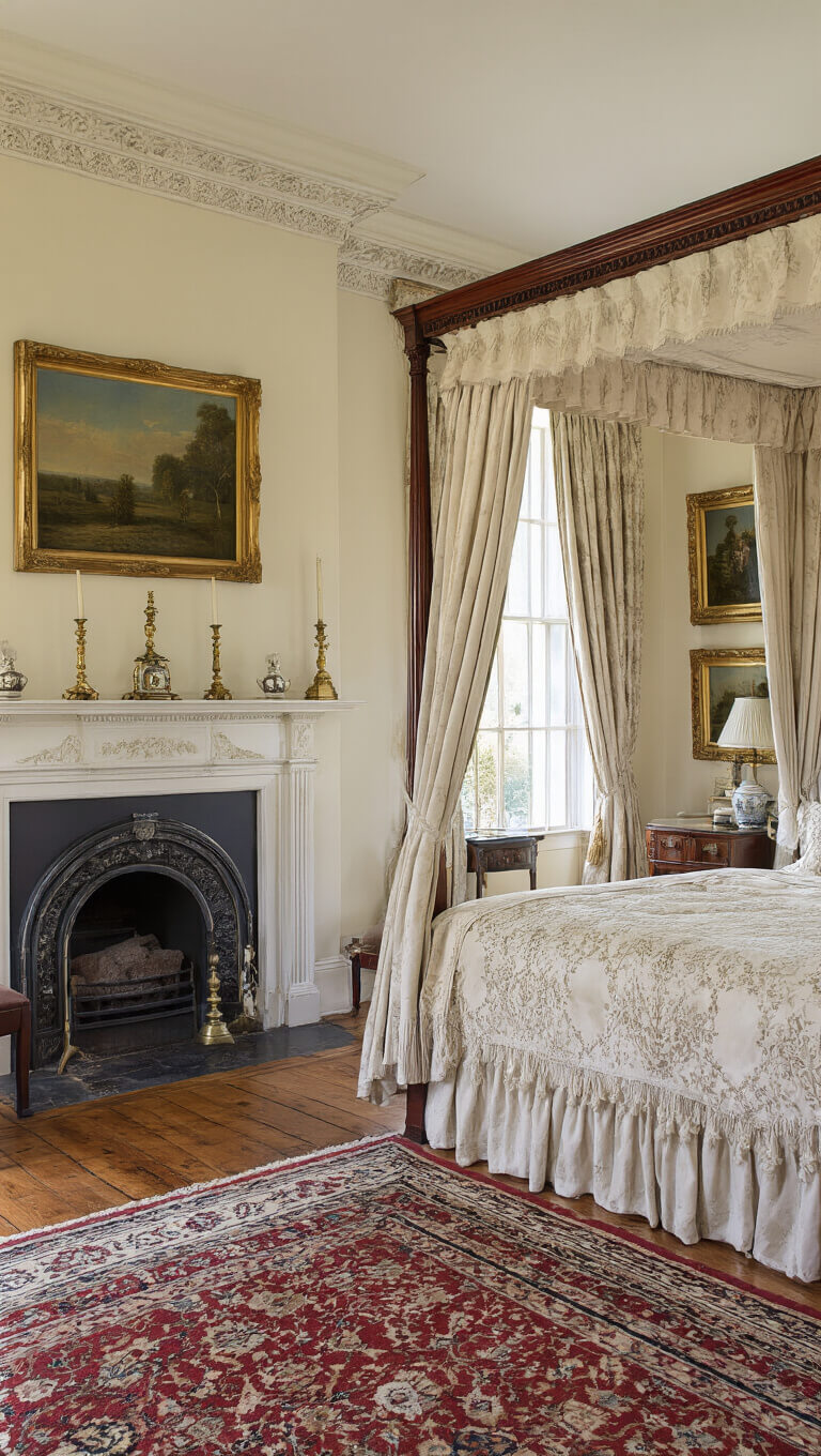 Traditional English bedroom with four-poster bed, cream Georgian fireplace, oriental rug, and afternoon light highlighting classic decor.