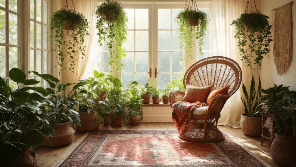 "Bohemian sunroom with rattan peacock chair, hanging plants, vintage Persian rugs, macrame wall hangings, and brass accents in soft golden hour light"