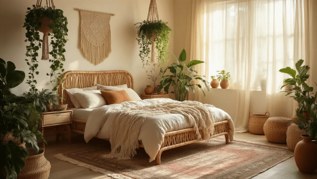 "Boho style bedroom with rattan bed frame, macramé hanging plants, Persian rugs, vintage furniture and warm sunlight filtering through sheer curtains"