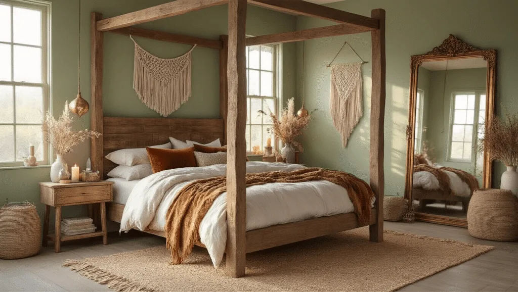"Rustic boho witchy bedroom with wooden bed, crystals, macramé wall decor, vintage mirror, dried flowers, velvet pillows and sage walls in natural light"
