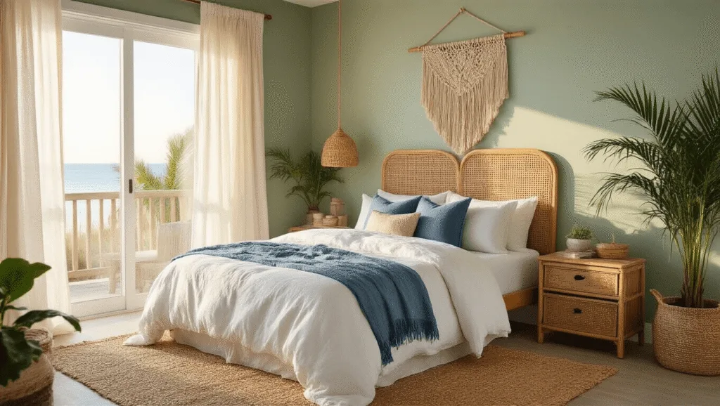 "Coastal boho-inspired bedroom with cane headboard, indigo pillows, and rattan accents in golden hour sunlight."