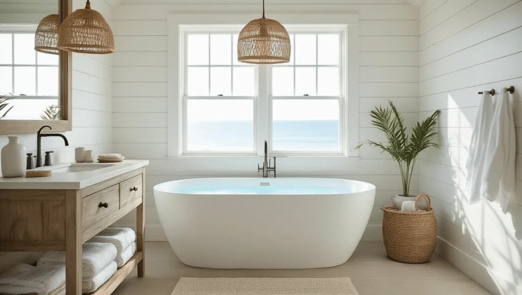 "Coastal bathroom interior with freestanding tub, rattan pendant light, sea glass accents, and natural light"