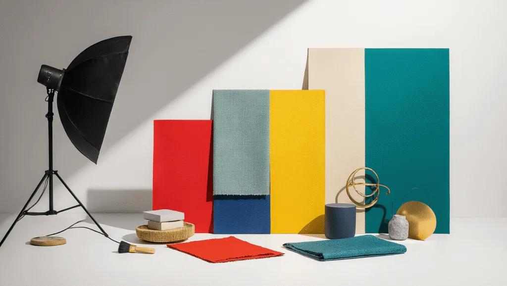 "Editorial-style photo of color palette swatches in yellow, red, blue, teal, magenta, gold, and emerald, with matching fabric, paint samples, and design objects, against a white background"