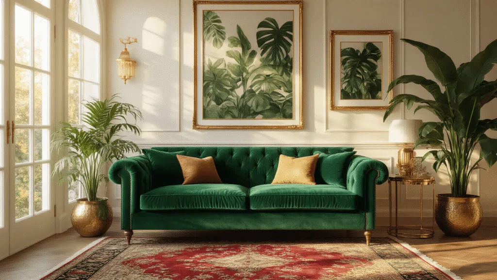 "Luxurious living room with emerald velvet sofa, vintage gold frames, Persian rugs, brass accents, monstera plants under golden hour light"