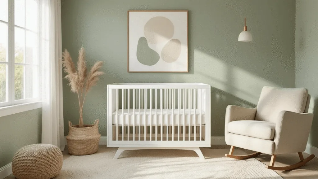 "Minimalist modern nursery with white crib, sage green walls, plush neutral-colored glider, abstract artwork, natural textures and layered cream and beige rugs in soft morning light."