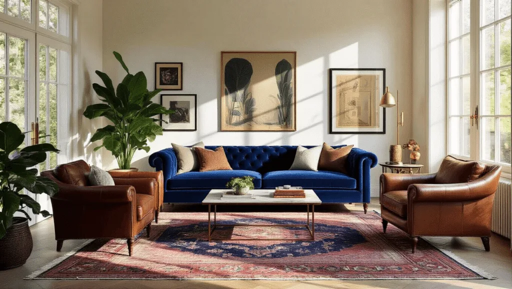 "Eclectic living room with navy velvet sofa, vintage leather armchairs, Persian rugs, brass accents, gallery wall of artwork, and monstera plant in warm sunlight."