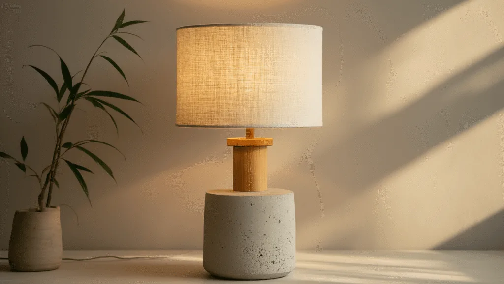 "Japandi-style table lamp with bamboo stem, linen shade and concrete base radiating warm light"
