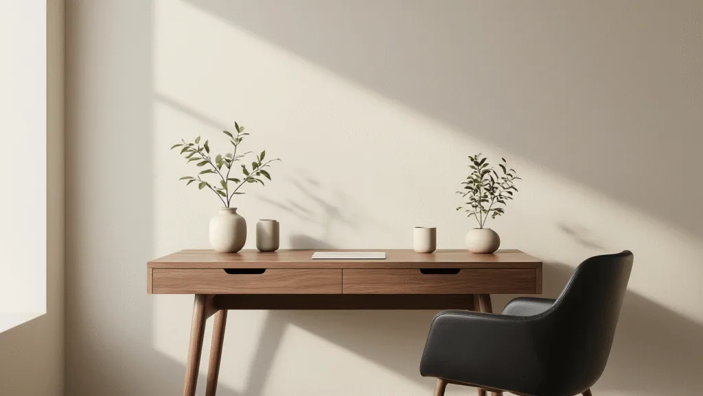 "Minimalist Japandi home office with walnut desk, ceramic accessories, and black leather chair in muted tones under natural light"