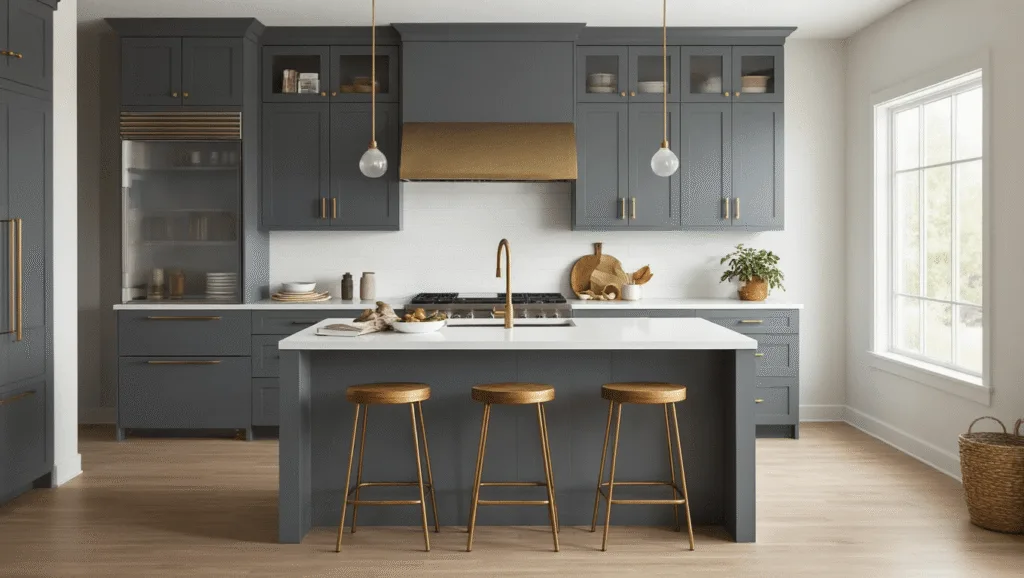 "Modern minimalist kitchen with gray shaker style cabinets, white quartz countertops, brass hardware, white oak flooring, and warm ambient lighting"