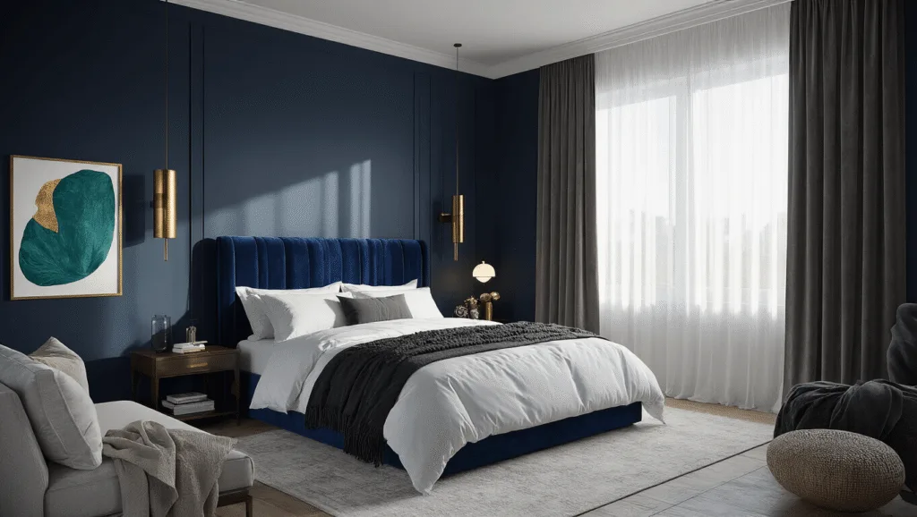 "Modern luxurious bedroom with navy walls, velvet headboard, brass accents, white linens, and moody evening light."