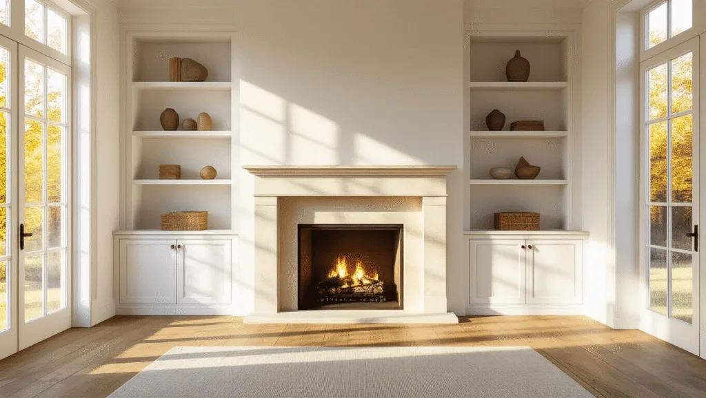 "Elegant living room with white built-in cabinets, limestone fireplace, oak floors, and decorative shelves, bathed in warm golden sunlight"