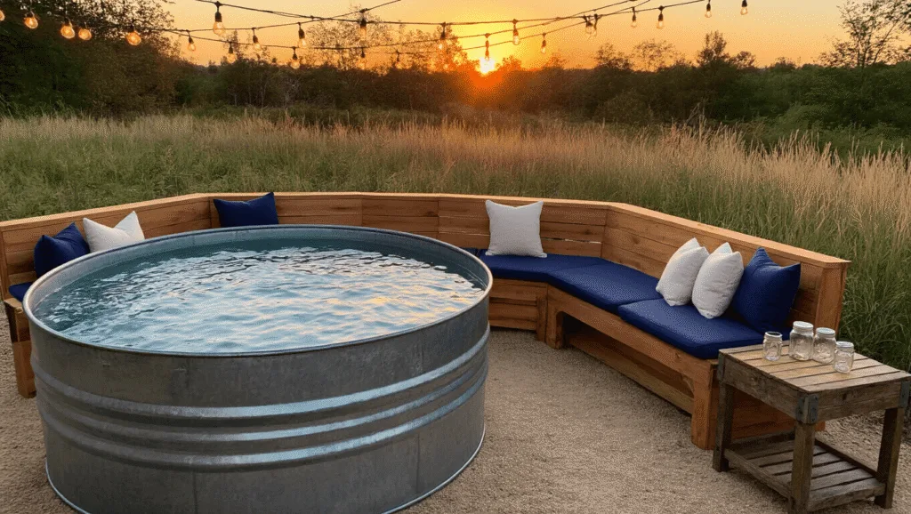 "Rustic backyard with stock tank pool, cedar bench, cushions, at sunset with string lights, mason jar drinks, and natural landscaping"