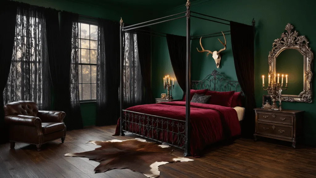 "Victorian-style bedroom with wrought-iron bed, oxblood velvet bedding, black lace curtains, antlers, candelabra, cowhide rug, and emerald walls in a dark, moody lighting"