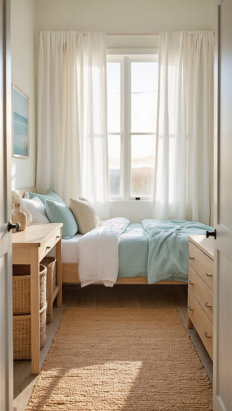 Sunlit minimalist dorm room with coastal decor, featuring seafoam and white bedding, light oak furniture, and woven accents captured at golden hour.