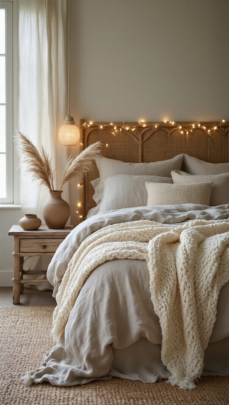 Twilight dorm bedroom with rumpled linen bedding in sand and sea glass tones, cream knit throw, rattan headboard with fairy lights, and weathered wood side table holding ceramic vessel and pampas grass, softly lit by evening lamp.