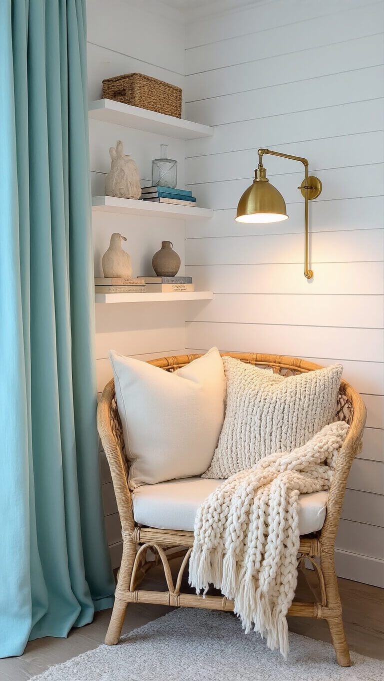 Cozy corner reading nook at dusk with rattan chair, cream cushions, aqua throw, brass lamp, and coastal decor on white shiplap wall.