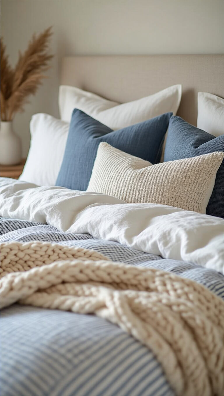 Close-up of rumpled white linen duvet, coastal blue accent pillows, and textured throw on bed with soft side lighting.