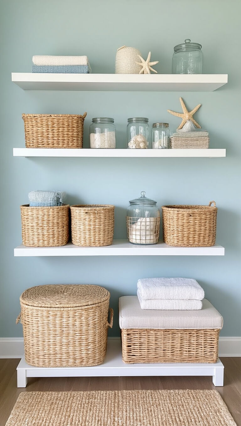 Coastal-themed storage wall with white floating shelves on pale blue wall, displaying woven baskets, glass jars, and decorative coastal items; rattan hamper and storage ottoman below.