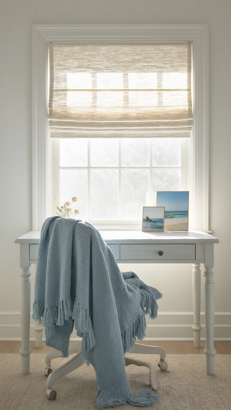 Ghost chair with pale blue throw at whitewashed desk, morning light filtering through textured roman shade, coastal mood board on wall.