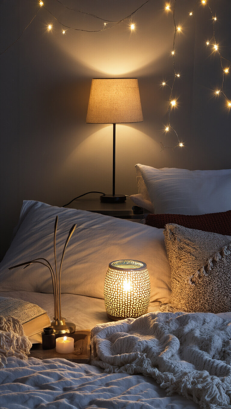 Cozy nighttime bedroom with string lights above bed, warm ceramic table lamp, metallic accents reflecting light, and rich textiles creating layered evening ambiance.