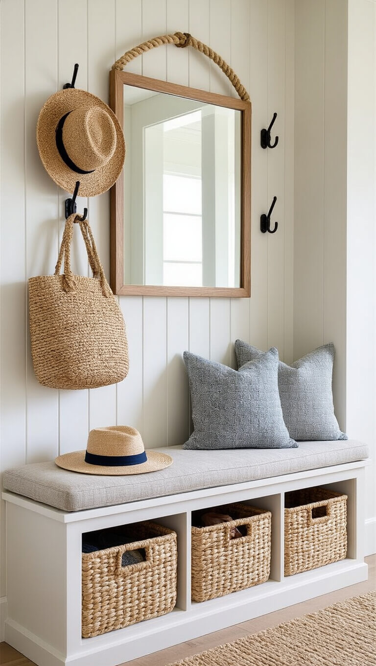 Entryway with built-in hooks holding woven bags and hats, coastal-style bench with cushion and storage baskets below, and small rope-trimmed mirror reflecting light.