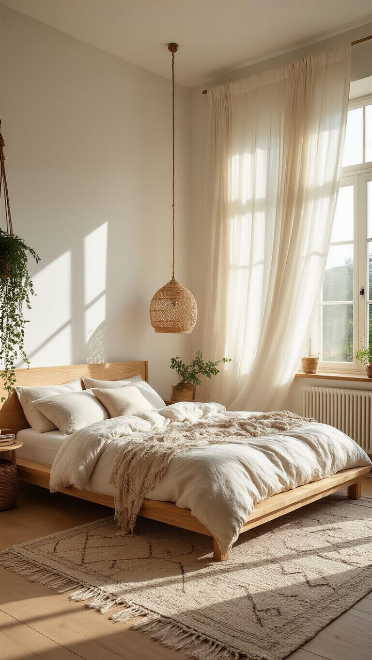 Sunlit bedroom with oak floors, ivory linen bedding on a blonde wood bed, layered Moroccan rugs, rattan pendant light, gauzy curtains, and trailing plants in macramé hangers.