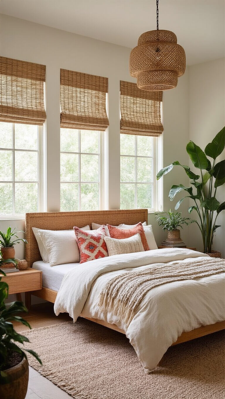 Boho-style bedroom with platform bed, woven headboard, layered neutral bedding, vintage kilim pillows, potted plants, bamboo shades, and soft natural backlighting.