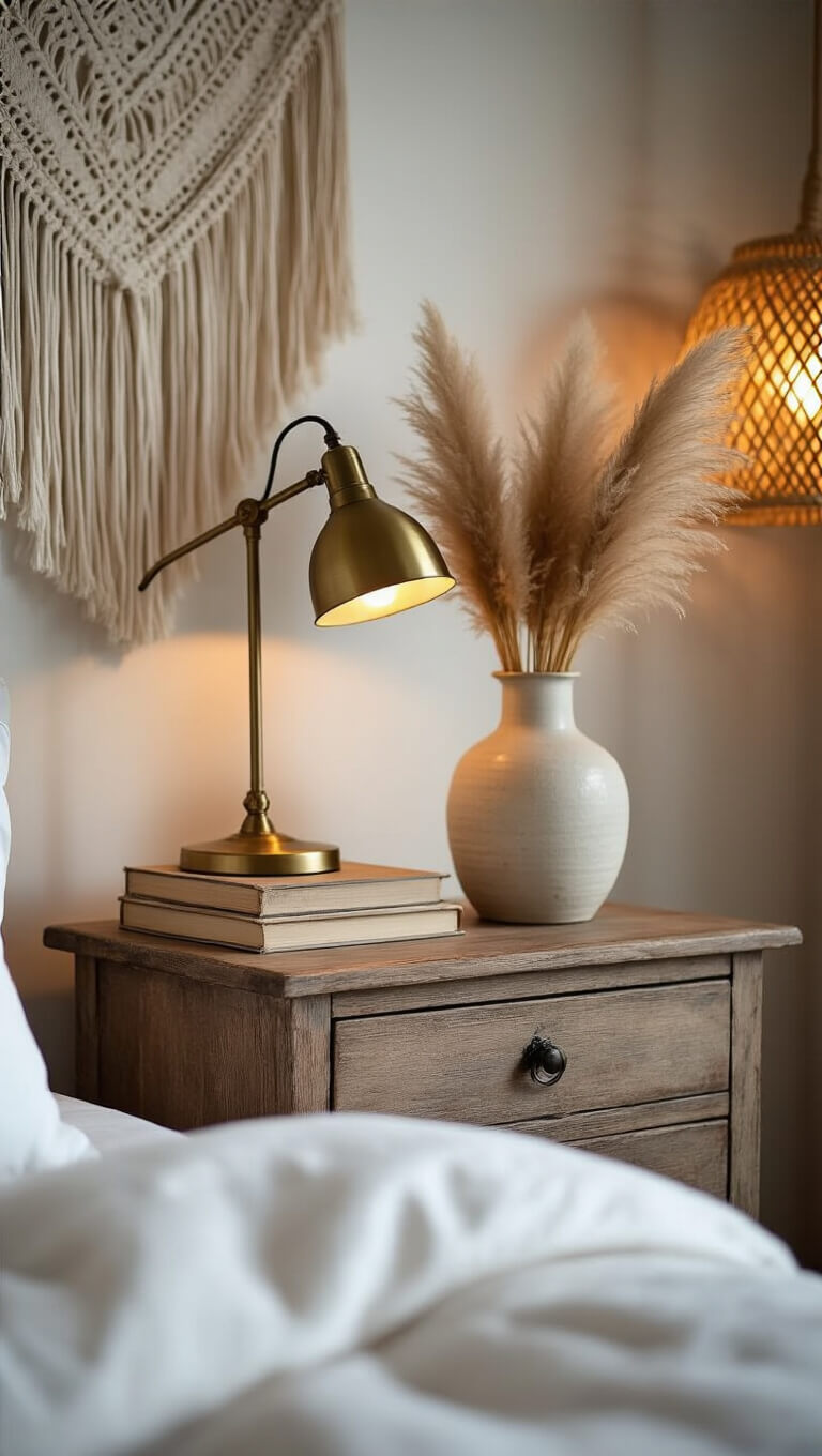 Cozy bedroom vignette with wooden nightstand, brass lamp, pampas grass in vase, vintage books, and macramé wall art at dusk.