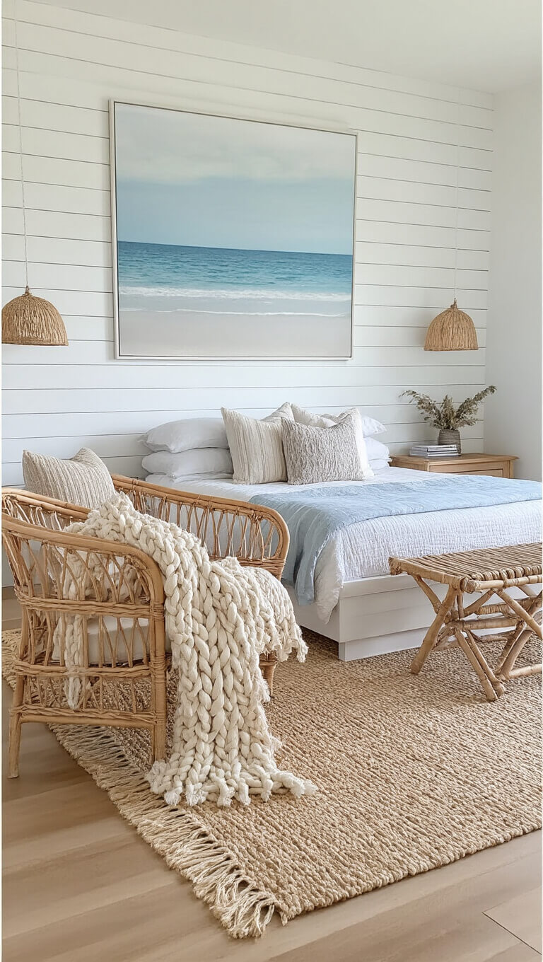 Wide-angle view of beach-themed bedroom with platform bed, rattan chairs, abstract beach art, and natural fiber decor elements.