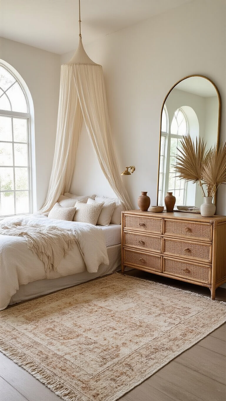 Airy bedroom with queen bed under asymmetrical natural linen canopy, vintage Moroccan rugs, rattan dresser with ceramics and dried palms, large arched mirror reflecting morning light, and brass accents.