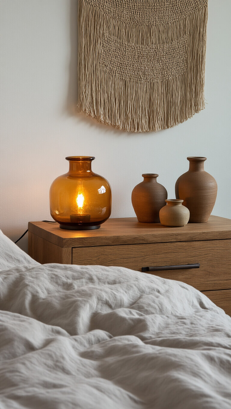 Moody twilight scene with wooden nightstand, amber lamp, earthenware vessels, woven wall hanging, and rumpled linen bedding.