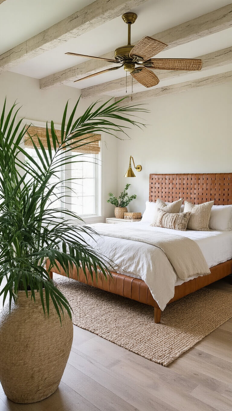 Bright 15x17ft bedroom with bleached wood beam ceiling, platform bed with woven leather headboard, neutral layered textiles, brass ceiling fan with rattan blades, and palm fronds in floor vase.