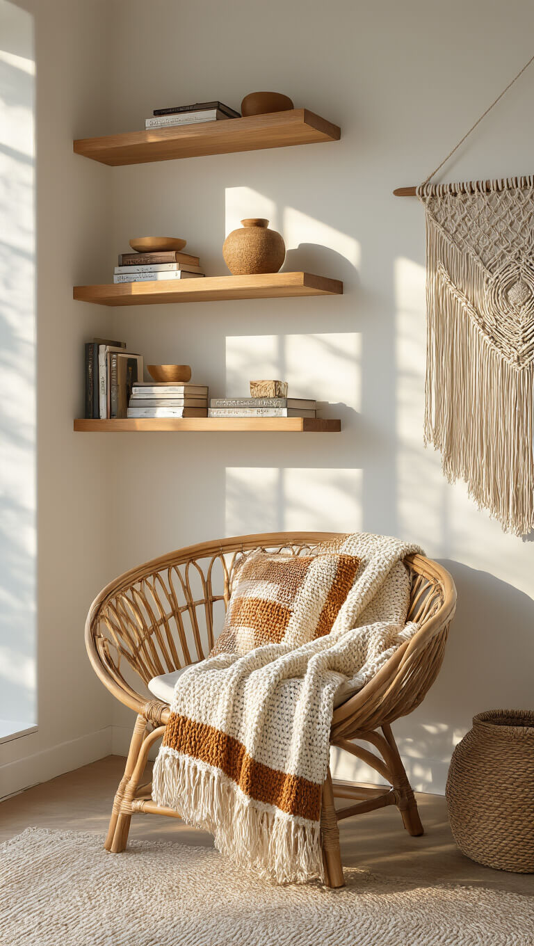 Close-up of cozy bedroom reading nook with rattan chair, cream and caramel throw, floating shelves with books, and macramé wall hanging in soft dawn light.
