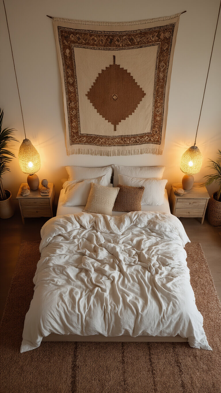 Boho-style 14x16ft bedroom at dusk with low bed in white linens, abstract wall art, vintage Moroccan blanket, matching bedside tables, and warm ambient lighting.