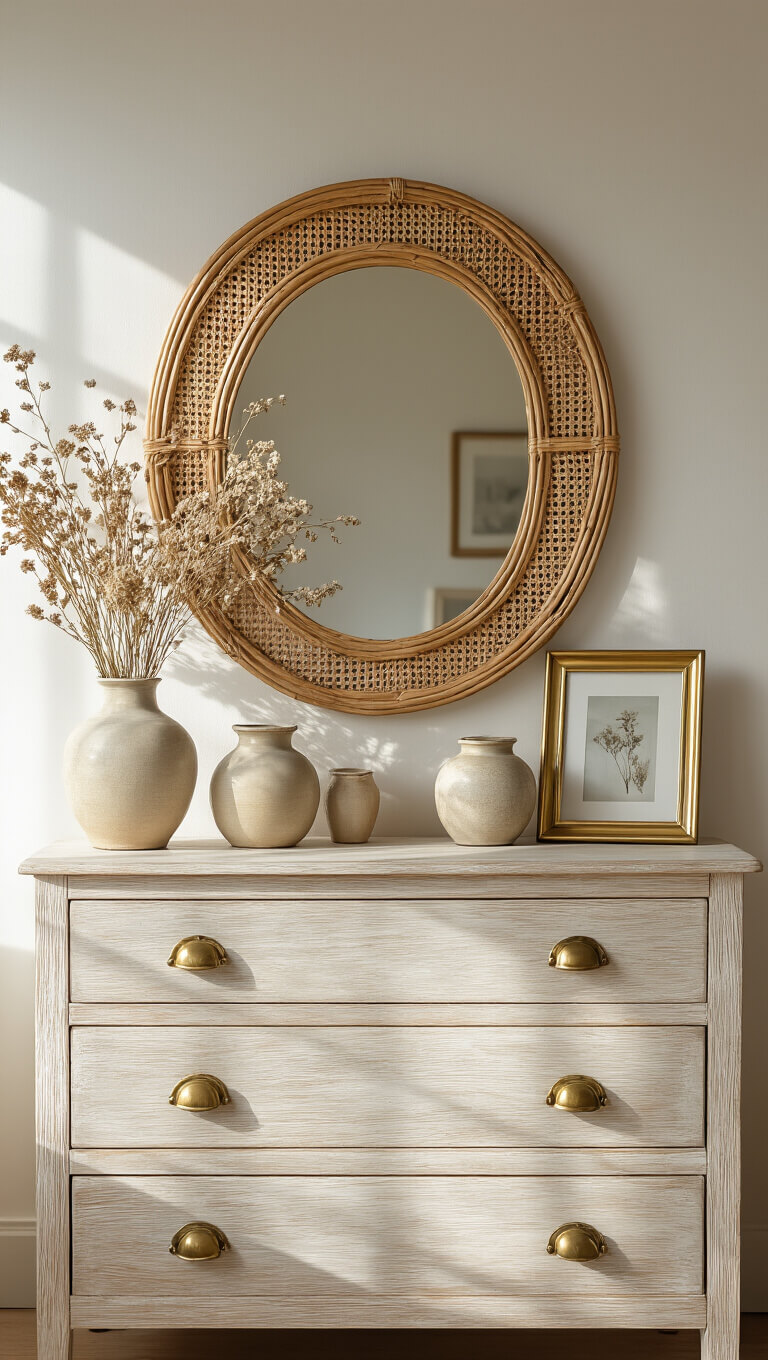 Vintage-style dresser with ceramic vessels, dried botanicals, and brass frames beneath a rattan mirror reflecting a bed, lit by soft morning light.
