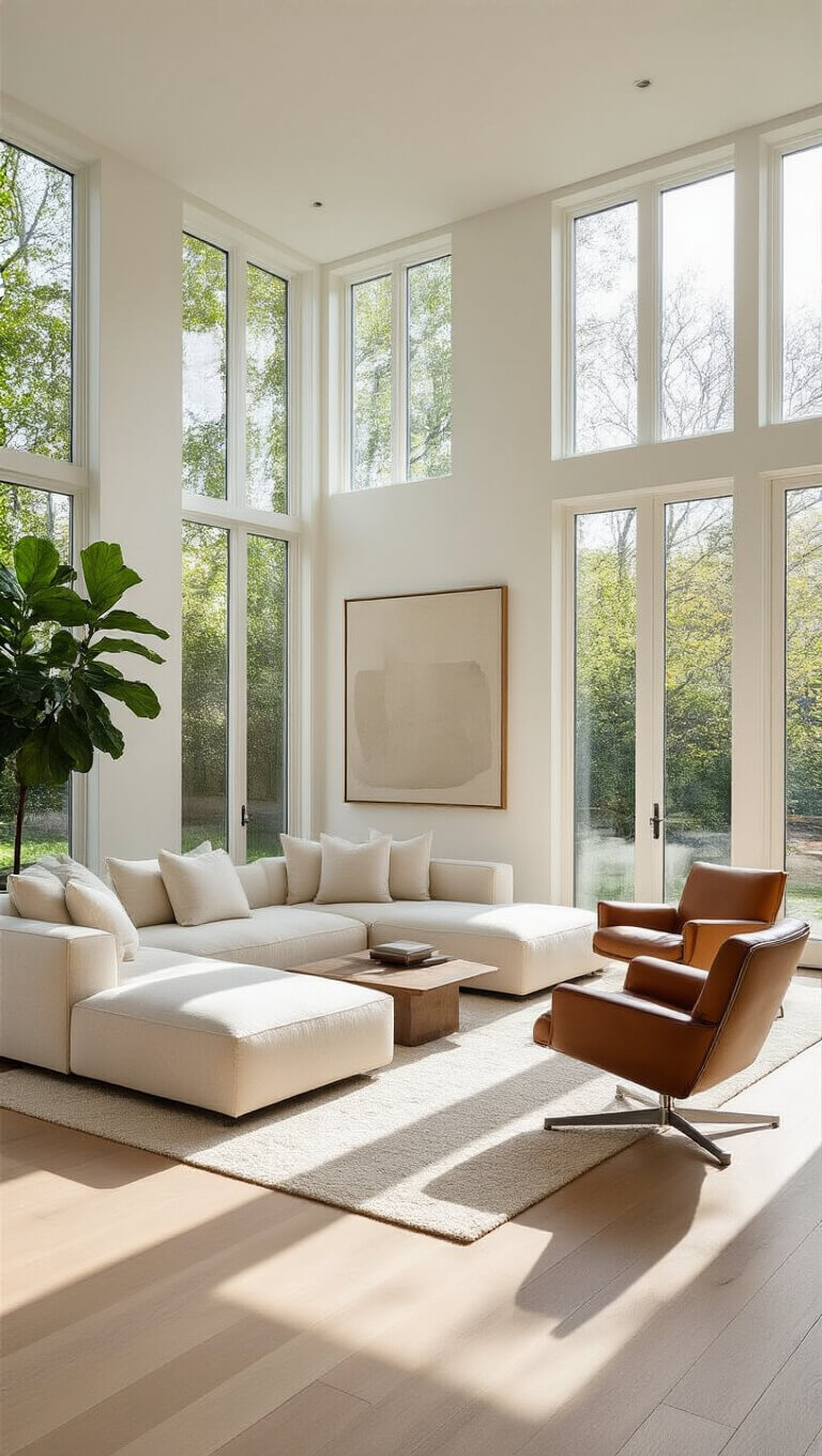 Contemporary living room with ivory sectional, cognac leather chairs, white oak floors, and morning light through floor-to-ceiling windows.
