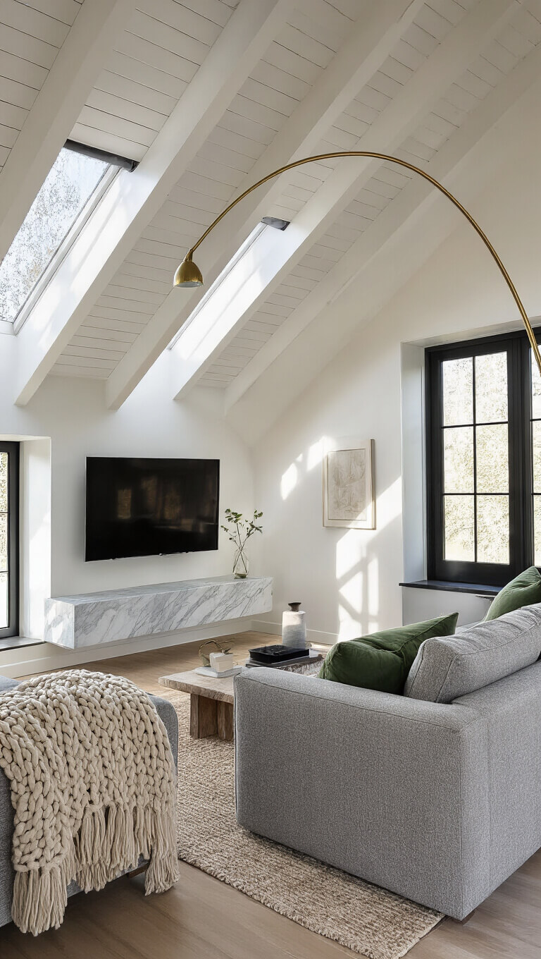 Nordic-style living room with grey bouclé sofa, marble media console, and slanted ceiling with white beams at golden hour.