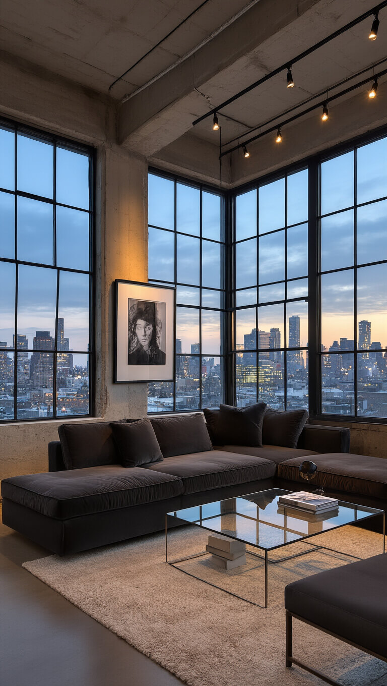 Cozy 12x14ft urban living room at dusk with city skyline views through industrial windows, charcoal velvet modular sofa, warm minimalist lighting, glass coffee table reflecting lights, and black and white photography on a concrete accent wall.