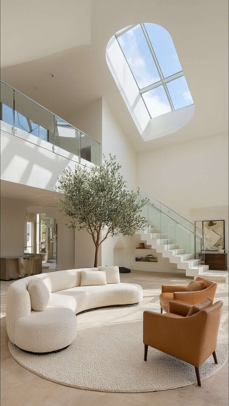 Sunlit open-concept living area with double-height ceilings, cream boucle sofa, tan leather chairs, glass-railed floating staircase, and geometric rug.