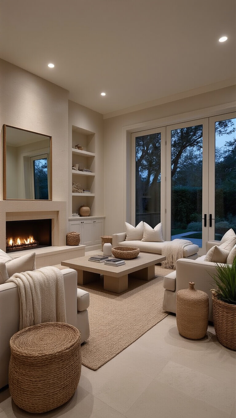 Serene 15x20ft living room at twilight with soft LED lighting, warm neutral tones, limestone fireplace, custom built-ins, textural decor, and large mirror reflecting garden views.