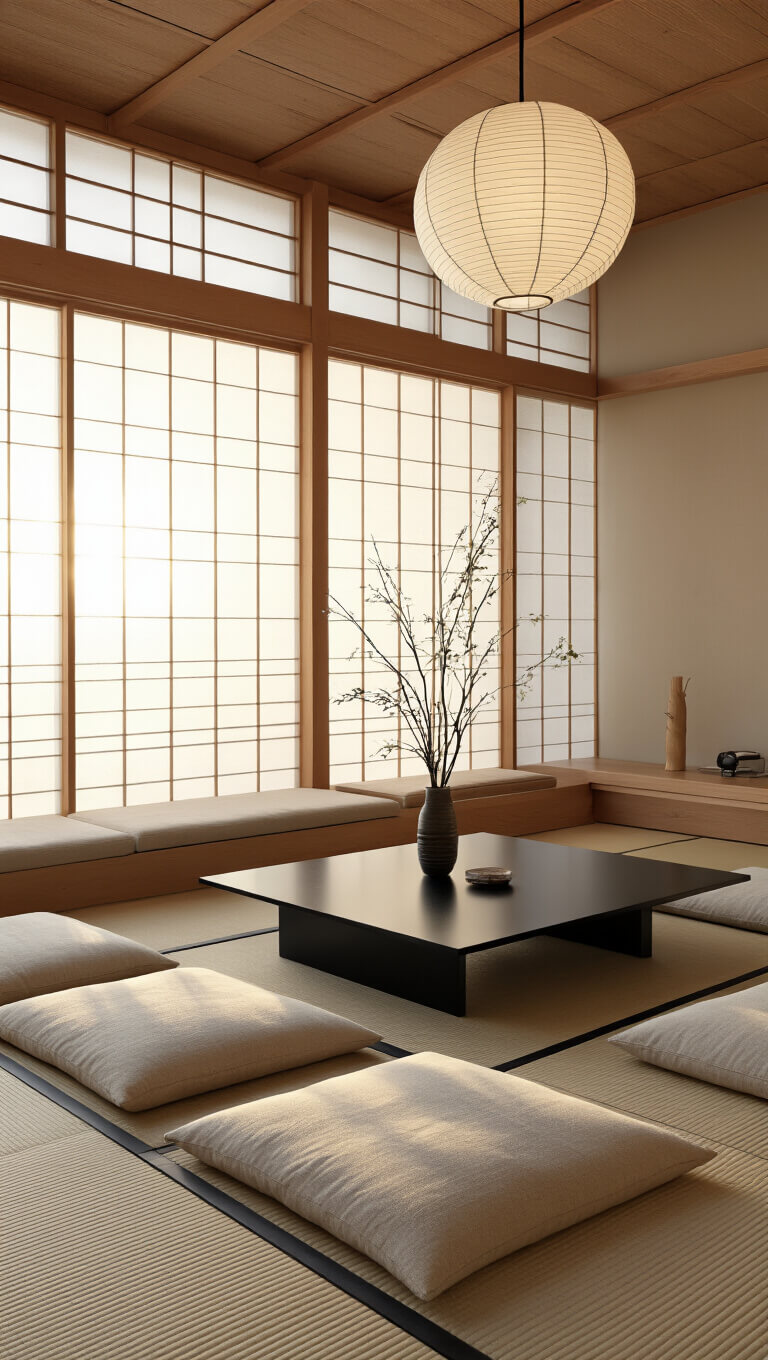 Modern Japanese-style 14x16ft living space at sunrise with shoji screens, platform seating, black steel coffee table, rice paper pendant, and ikebana centerpiece in warm cedar and white oak tones.