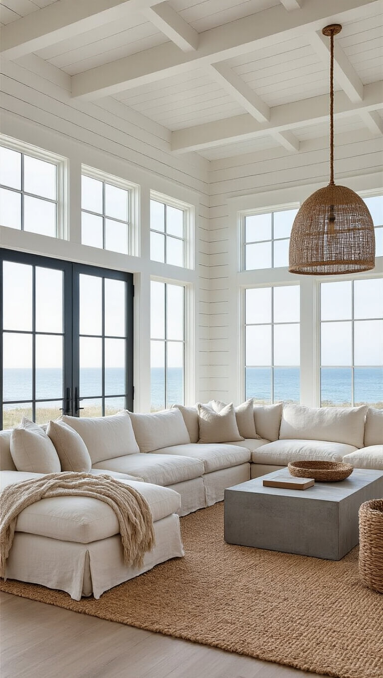 Minimalist coastal living room with sandy beige linen sectional, jute rug, driftwood sculpture, and ocean views through steel-framed windows.