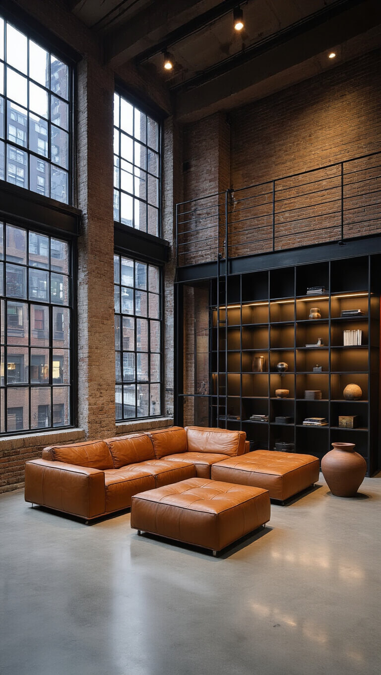 Urban loft at night with city lights through industrial windows, polished concrete floors, cognac leather sectional, black steel shelving, and a large ceramic vessel viewed from mezzanine.