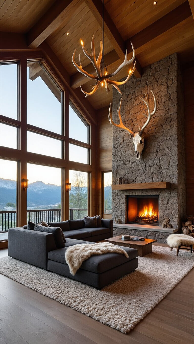 Mountain modern great room at sunset with stone fireplace, charcoal sectional, antler sculpture, and warm alpenglow lighting.