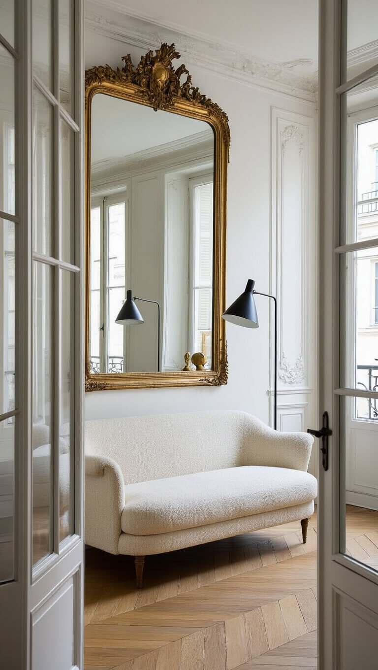 Midmorning light fills a petite Parisian salon with herringbone oak floors, a cream bouclé sofa beneath an antique gilt mirror, and a black steel floor lamp, viewed through a doorway highlighting classic architectural details.