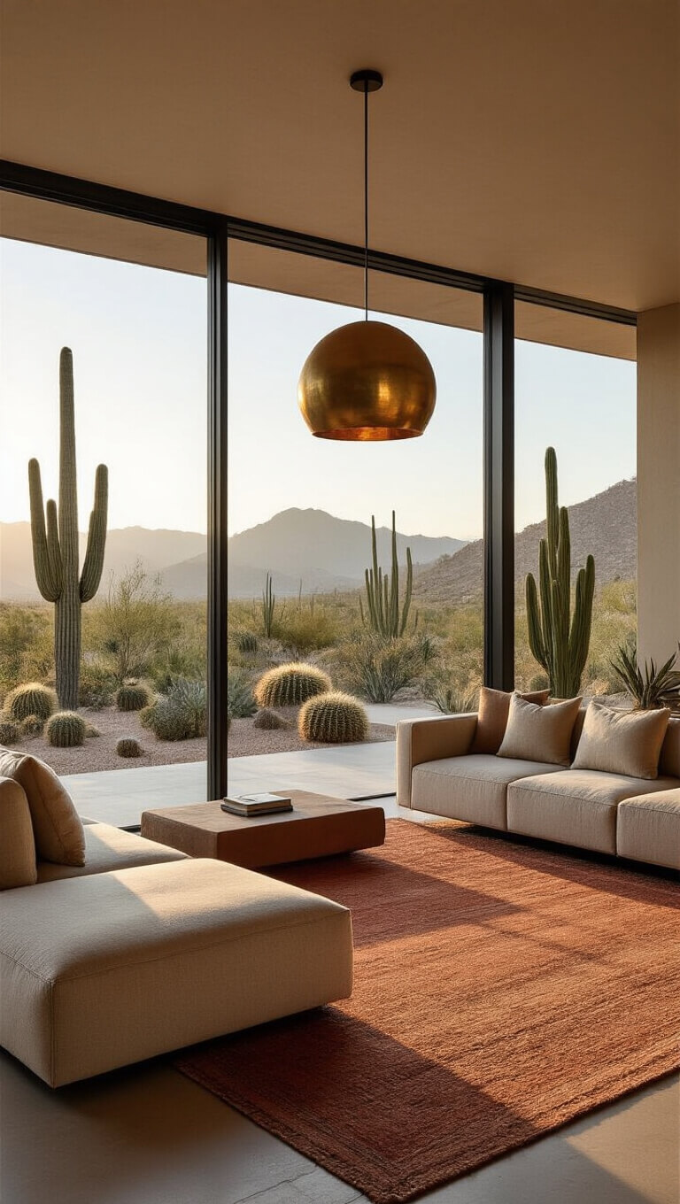 Desert modern living room with floor-to-ceiling windows, low linen sectional on terra cotta rug, cacti decor, and brass pendant light at magic hour.