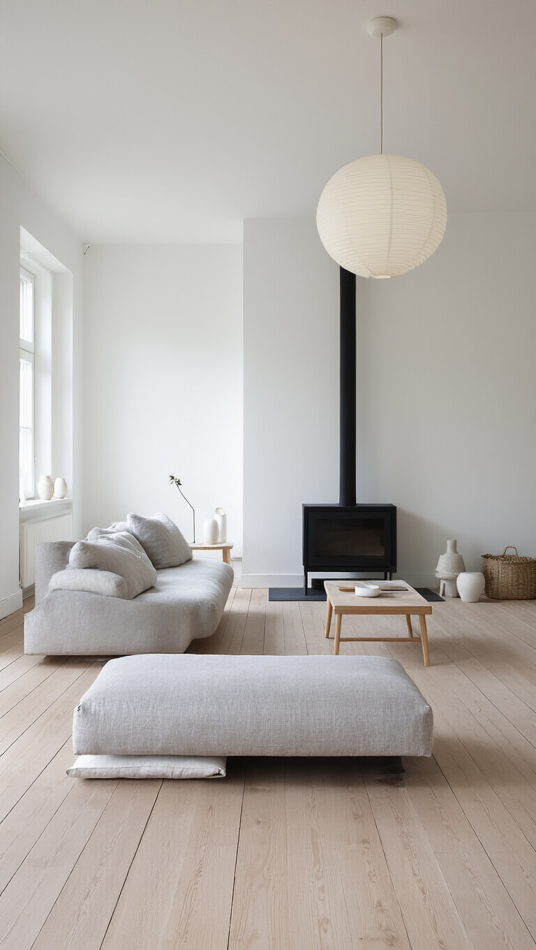 Scandinavian minimalist 16x18ft living space with pale grey linen sofa, black steel fireplace, bleached oak floors, white textured walls, and oversized paper pendant in soft morning light.